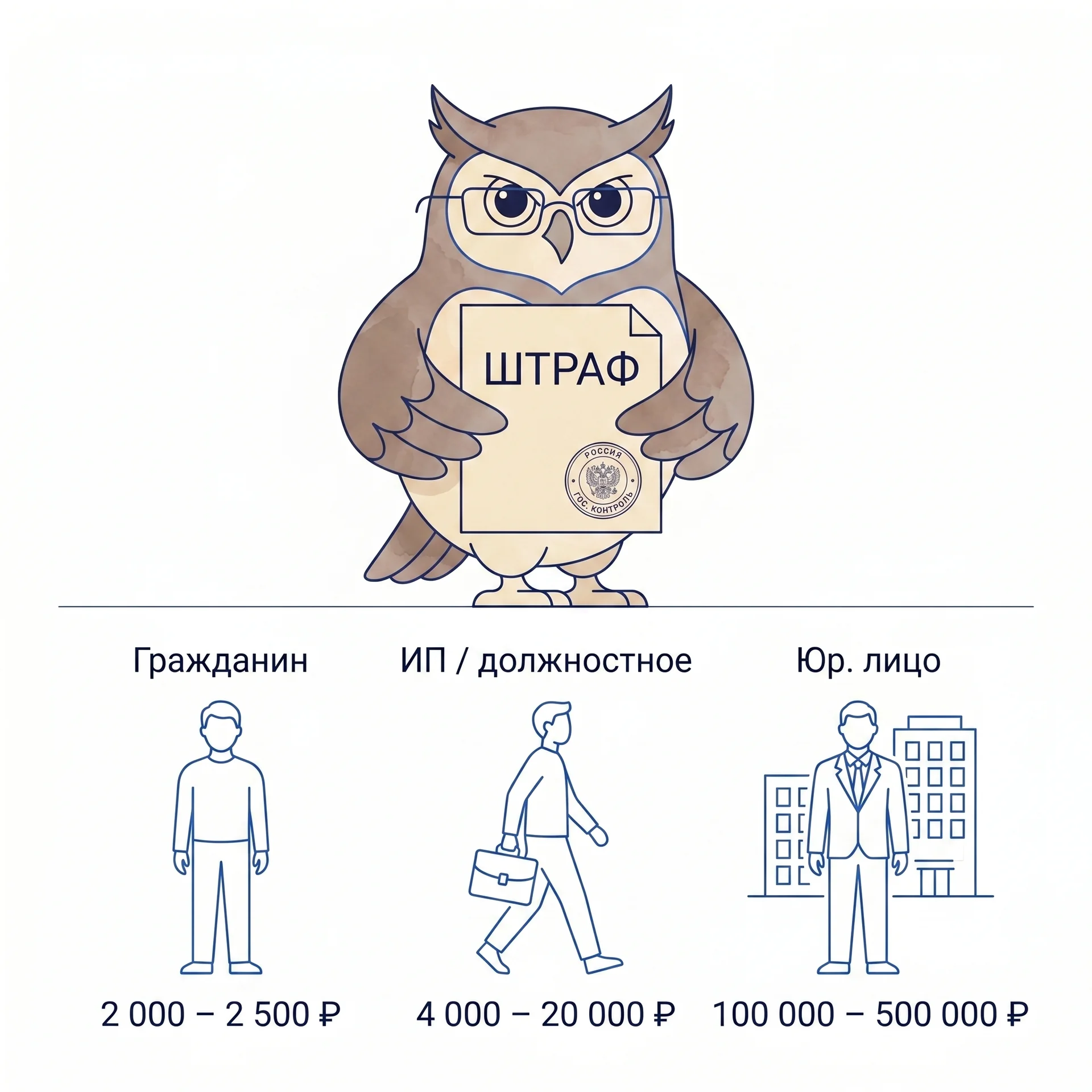 Сова держит квитанцию «Штраф», ниже три фигуры: гражданин, индивидуальный предприниматель, юридическое лицо с суммами штрафов